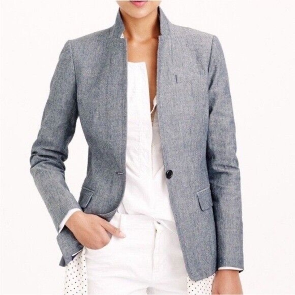 J. Crew Regency Blazer Chambray Navy Blue Single Button Jacket Size 4